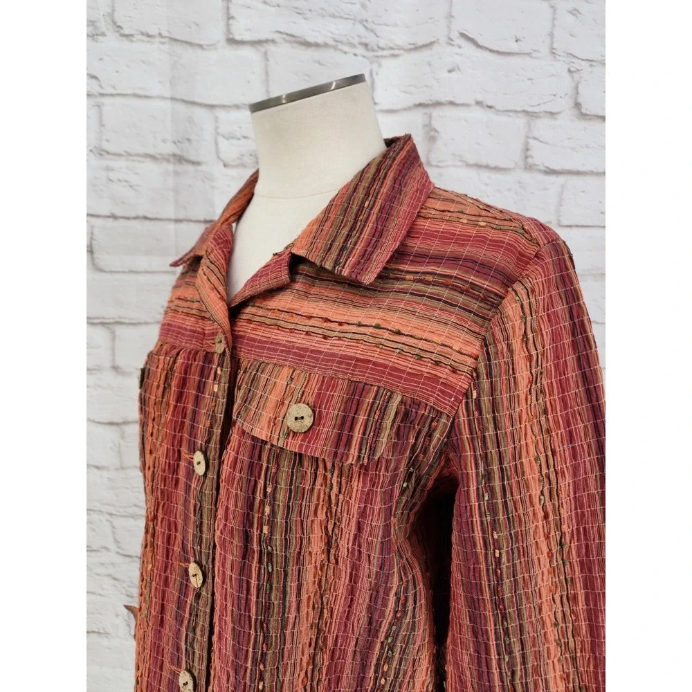 Drapers Damons Southwest Boho Top Crinkle Artsy Orange Button Up Women Large - Picture 7 of 8